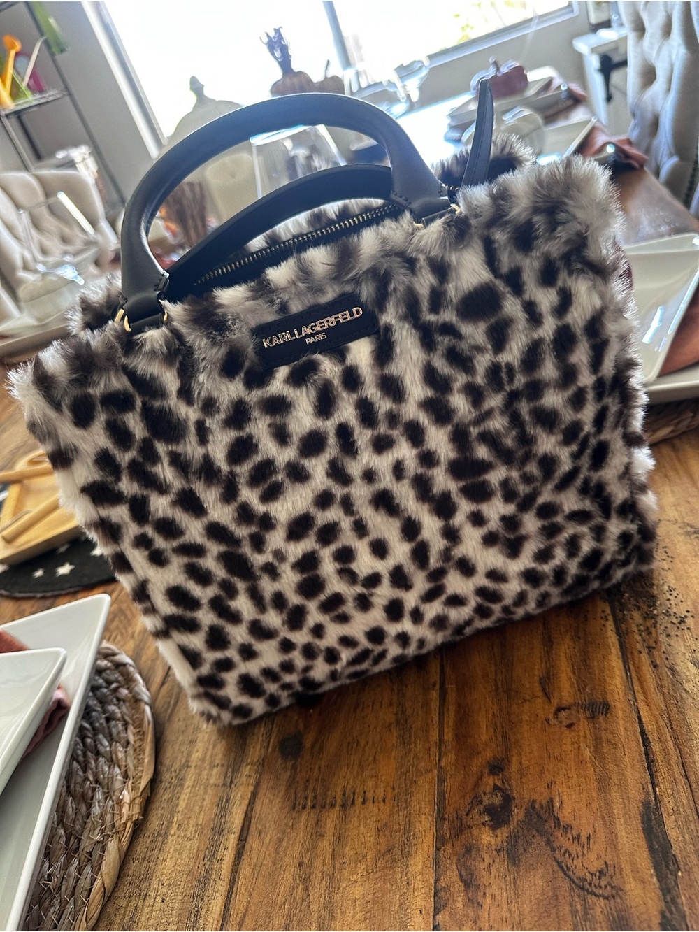 Karl Lagerfeld Faux Fur Leopard-Print Satchel in Black & White